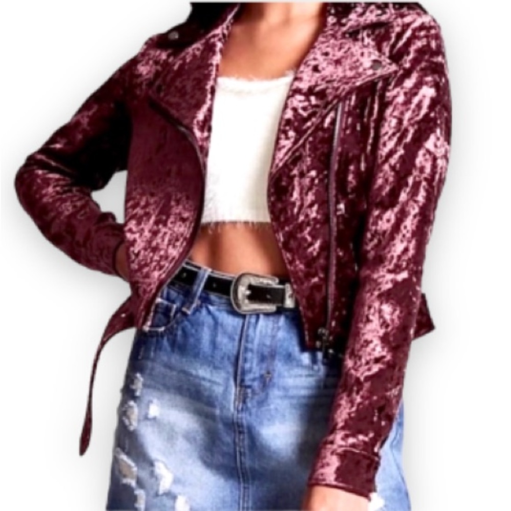 Crushed velvet Moto jacket wine or plum color size small beautiful
